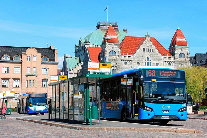 The bus stop is across ______ the post office.